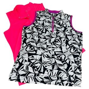 Two Tail Women's Sleeveless Tops - Black and White Leaf Print & Bright Pink